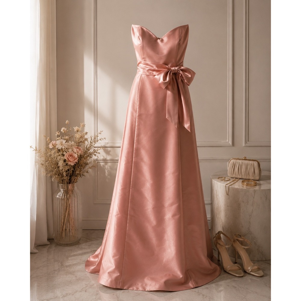 Bari Jay Pink Satin Strapless Evening Gown Sweetheart Waist Bow Formal Dress 10